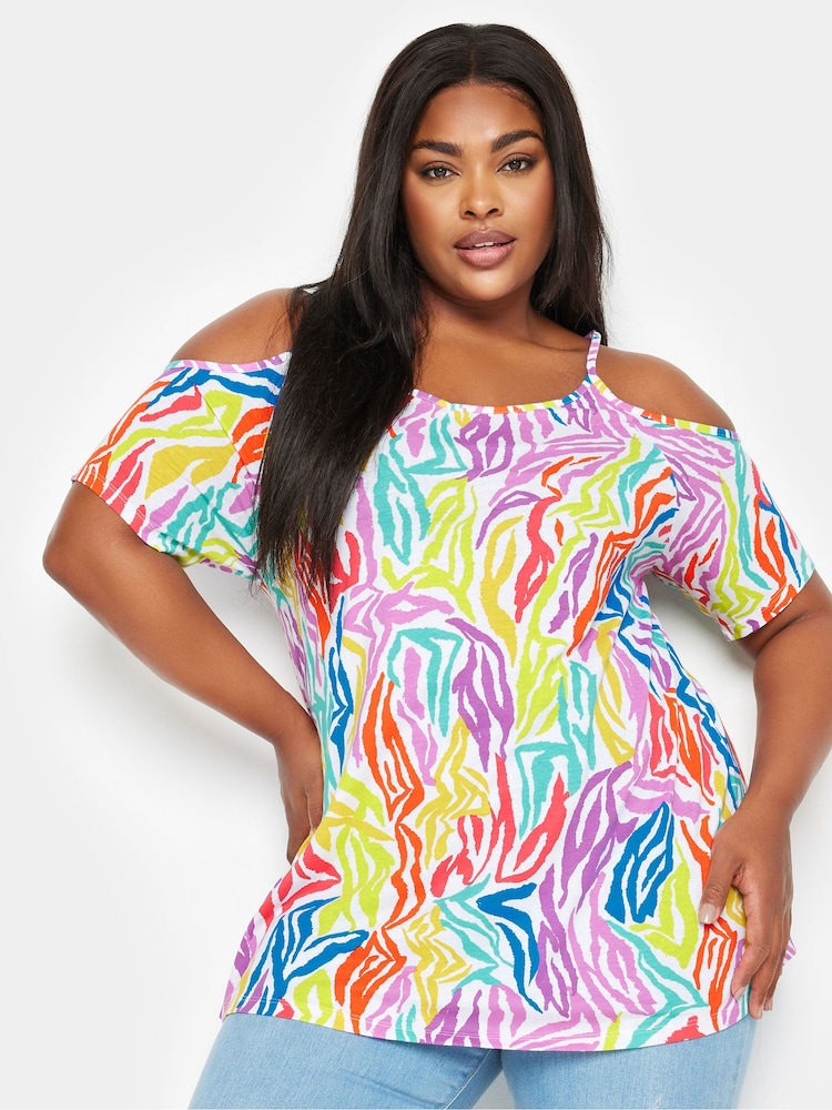 Mehrfarbig - Yours Curve Rainbow Zebra Print Cold Shoulder Top - Bild 1 von 5 Mehrfarbig - Yours Curve Rainbow Zebra Print Cold Shoulder Top - Bild 1 von 5