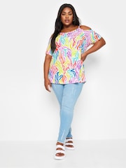 Yours Curve Multi Rainbow Zebra Print Cold Shoulder Top - Image 2 of 5