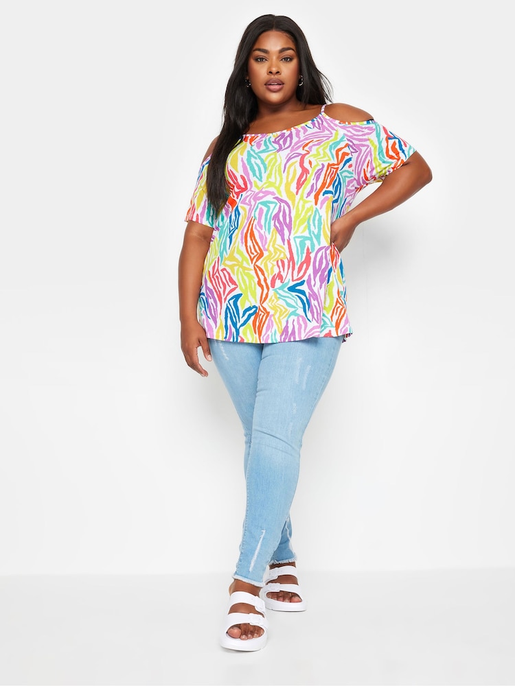 Mehrfarbig - Yours Curve Rainbow Zebra Print Cold Shoulder Top - Bild 2 von 5 Mehrfarbig - Yours Curve Rainbow Zebra Print Cold Shoulder Top - Bild 2 von 5