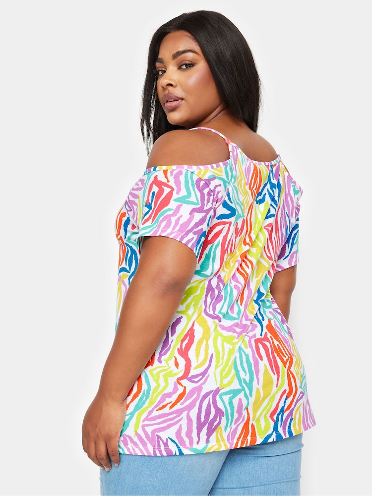 Yours Curve Multi Rainbow Zebra Print Cold Shoulder Top - Image 3 of 5