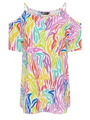 Yours Curve Multi Rainbow Zebra Print Cold Shoulder Top - Image 5 of 5