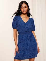 Friends Like These Blue Puff Sleeve Shirred Waist Mini Dress - Image 1 of 4