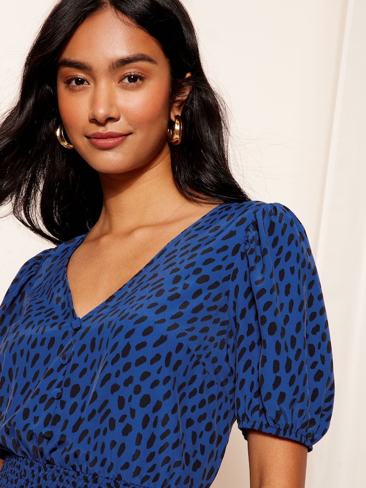Friends Like These Blue Puff Sleeve Shirred Waist Mini Dress - Image 2 of 4 Friends Like These Blue Puff Sleeve Shirred Waist Mini Dress - Image 2 of 4
