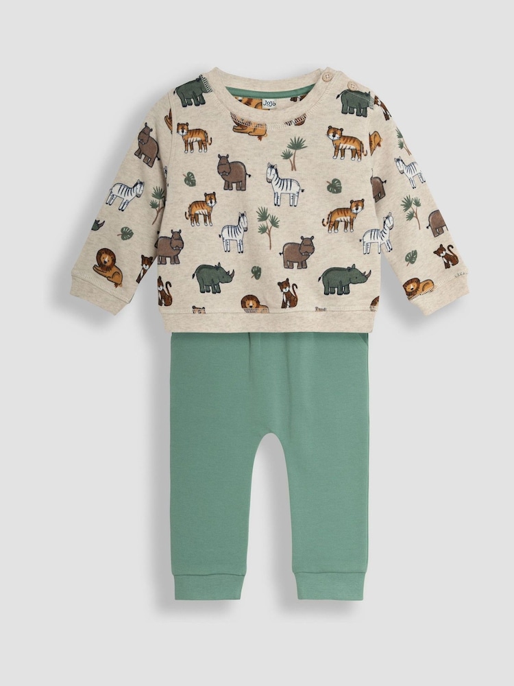 JoJo Maman Bébé Natural Safari Animals Print Sweatshirt & Jogger Set - Image 1 of 7