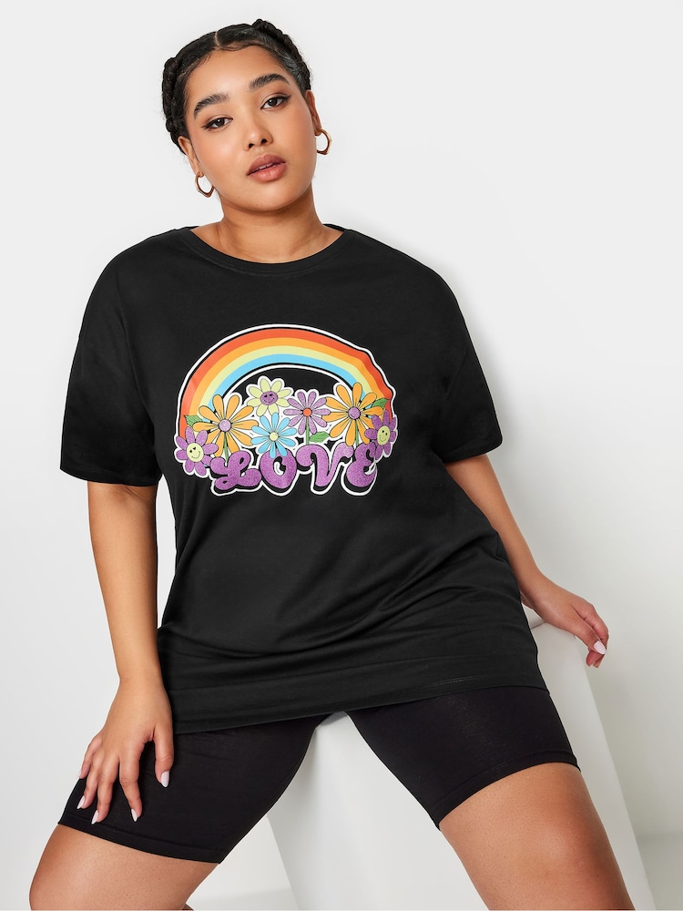 Yours Curve Black 100% Cotton Relaxed Drop Shoulder Rainbow Love T-Shirt - Image 1 of 5