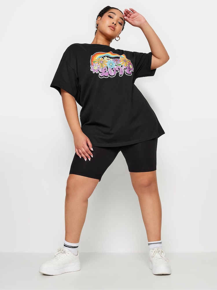Yours Curve Black 100% Cotton Relaxed Drop Shoulder Rainbow Love T-Shirt - Image 2 of 5
