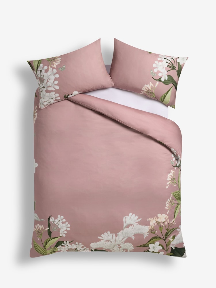 Pink 200 Thread Count 100% Egyptian Cotton Sateen Floral Border Duvet Cover and Pillowcase Set - Image 5 of 5