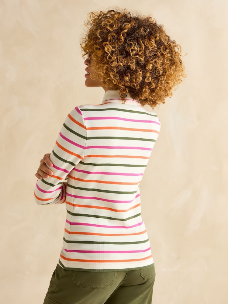Joules Fairfield Cream Ribbed Long Sleeve Striped Polo Shirt - Image 2 of 7
