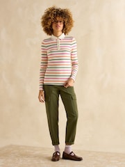 Joules Fairfield Cream Ribbed Long Sleeve Striped Polo Shirt - Image 4 of 7