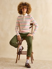 Joules Fairfield Cream Ribbed Long Sleeve Striped Polo Shirt - Image 5 of 7