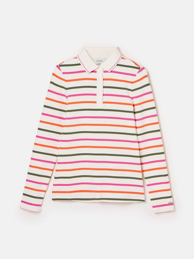 Joules Fairfield Cream Ribbed Long Sleeve Striped Polo Shirt - Image 7 of 7