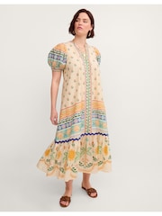 Monsoon Cream Charlie Taylor Printed Puff Sleeve Midi Dress - Image 1 of 7