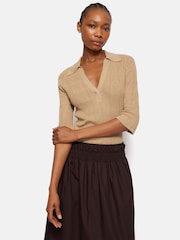 Jigsaw Brown 100% Cotton Collar Knitted Top - Image 1 of 6