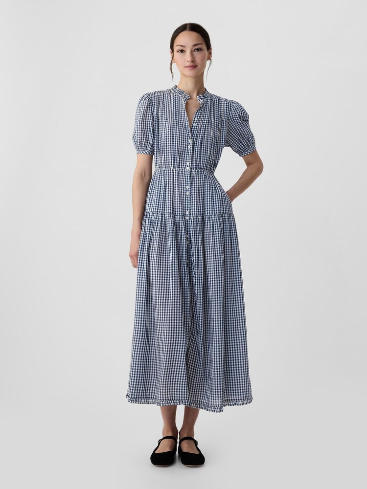 Gap Navy Blue DÔEN Gingham Puff Sleeve Midi Dress - Image 1 of 5 Gap Navy Blue DÔEN Gingham Puff Sleeve Midi Dress - Image 1 of 5