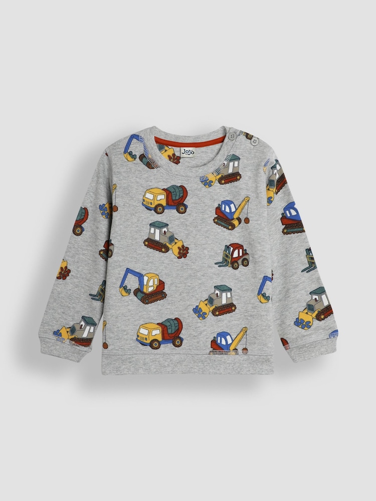 JoJo Maman Bébé Grey Marl Construction Vehicle Printed Sweatshirt - Image 1 of 3 JoJo Maman Bébé Grey Marl Construction Vehicle Printed Sweatshirt - Image 1 of 3