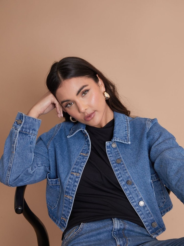 Another Sunday Blue Button Through Cropped 100% Cotton Denim Jacket - Image 1 of 6