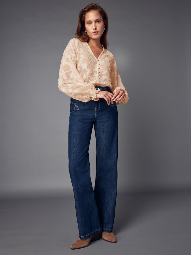 Ecru Jacquard Boho Long Sleeve Tie Neck Blouse - Image 2 of 8