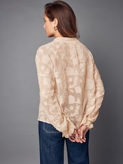 Ecru Jacquard Boho Long Sleeve Tie Neck Blouse - Image 3 of 8