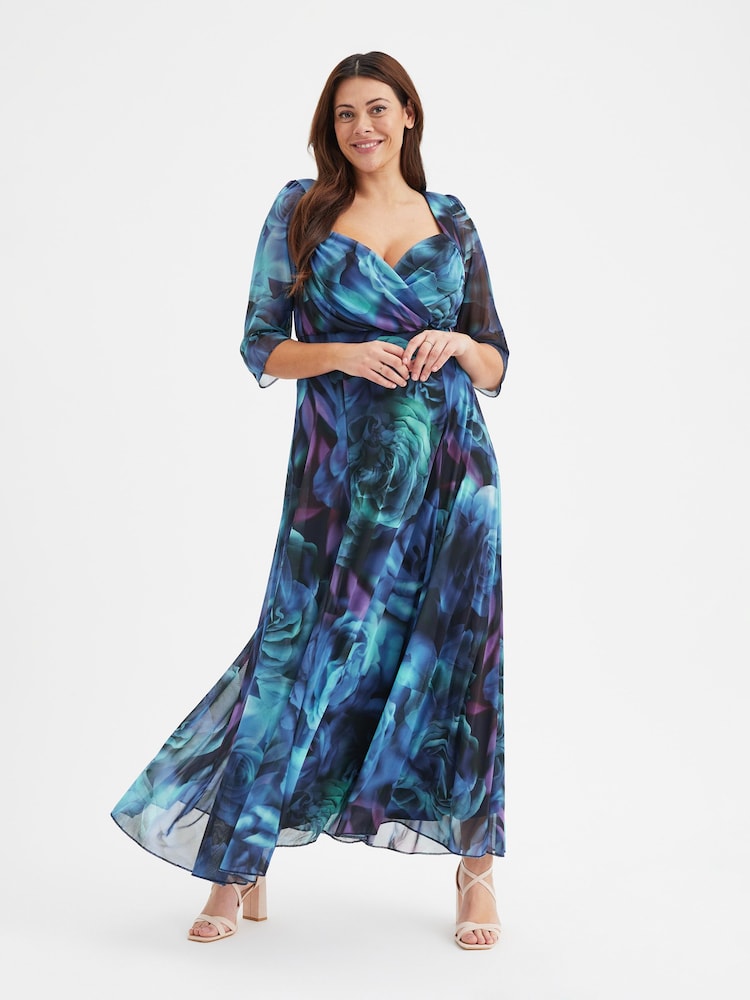 Scarlett & Jo Blue & Black Multi Rose Elizabeth Print Mesh Maxi Gown - Image 1 of 4
