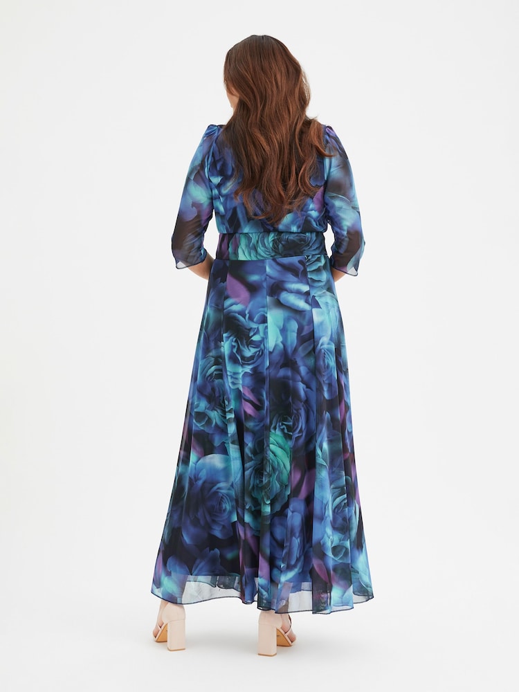 Scarlett & Jo Blue & Black Multi Rose Elizabeth Print Mesh Maxi Gown - Image 2 of 4