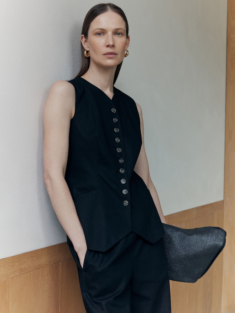 Whistles Black Lindsey Linen Blend Waistcoat - Image 1 of 6