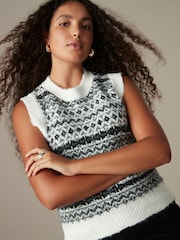 Grey White Patterned Sleeveless Crew Neck Knitted Tank Vest Jumper Top - Image 1 of 8