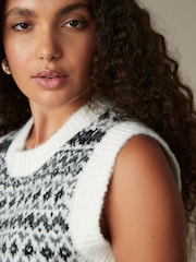 Grey White Patterned Sleeveless Crew Neck Knitted Tank Vest Jumper Top - Image 4 of 8