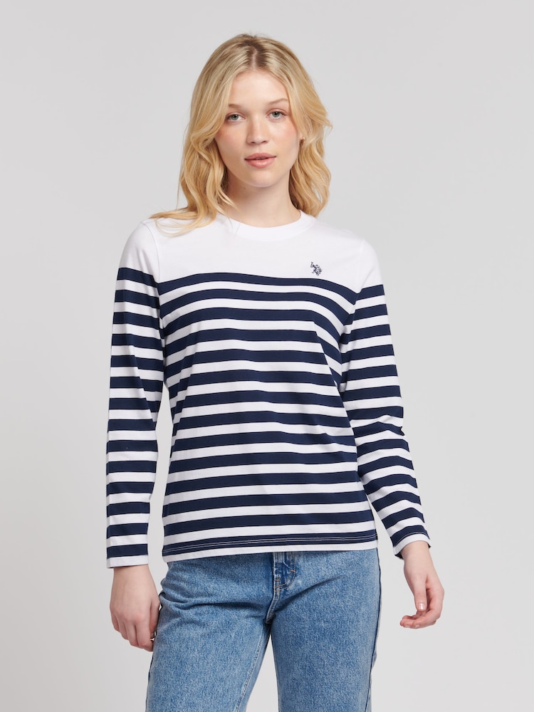 U.S. Polo Assn. Blue Regular Fit Womens Slub Stripe V-Neck 100% Cotton T-Shirt - Image 1 of 7