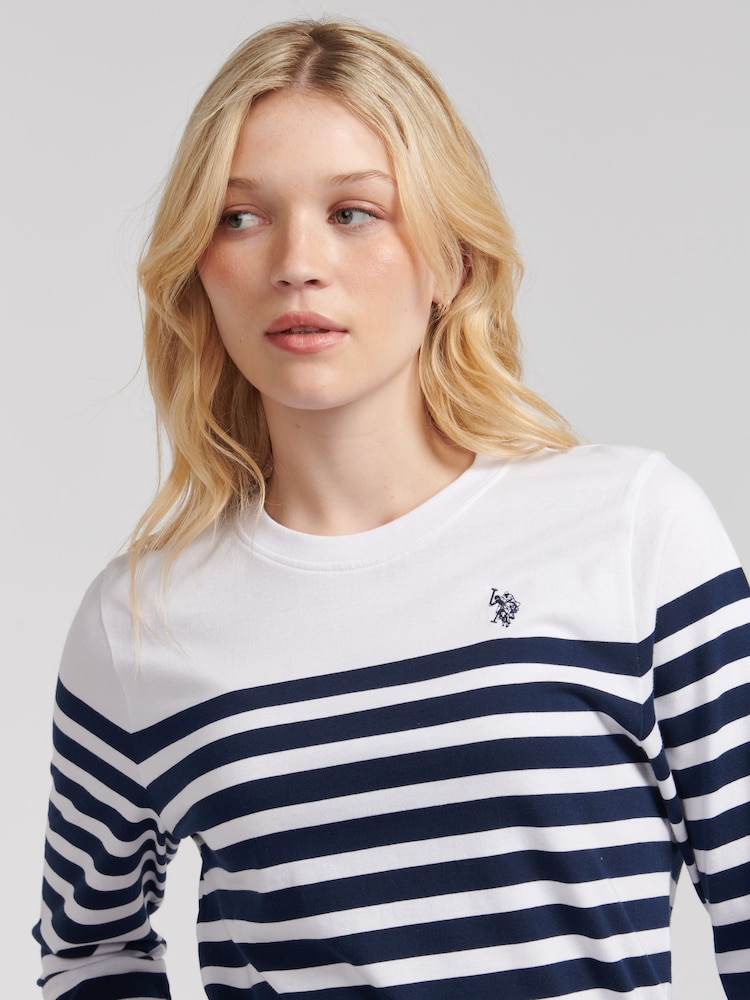 U.S. Polo Assn. Blue Regular Fit Womens Slub Stripe V-Neck 100% Cotton T-Shirt - Image 2 of 7