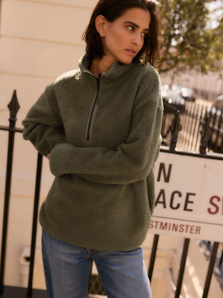 Olive Vihreä - Teddy Teddykangas Cozy Longline Quarter vetoketjullinen fleece - Kuva 1 / 7