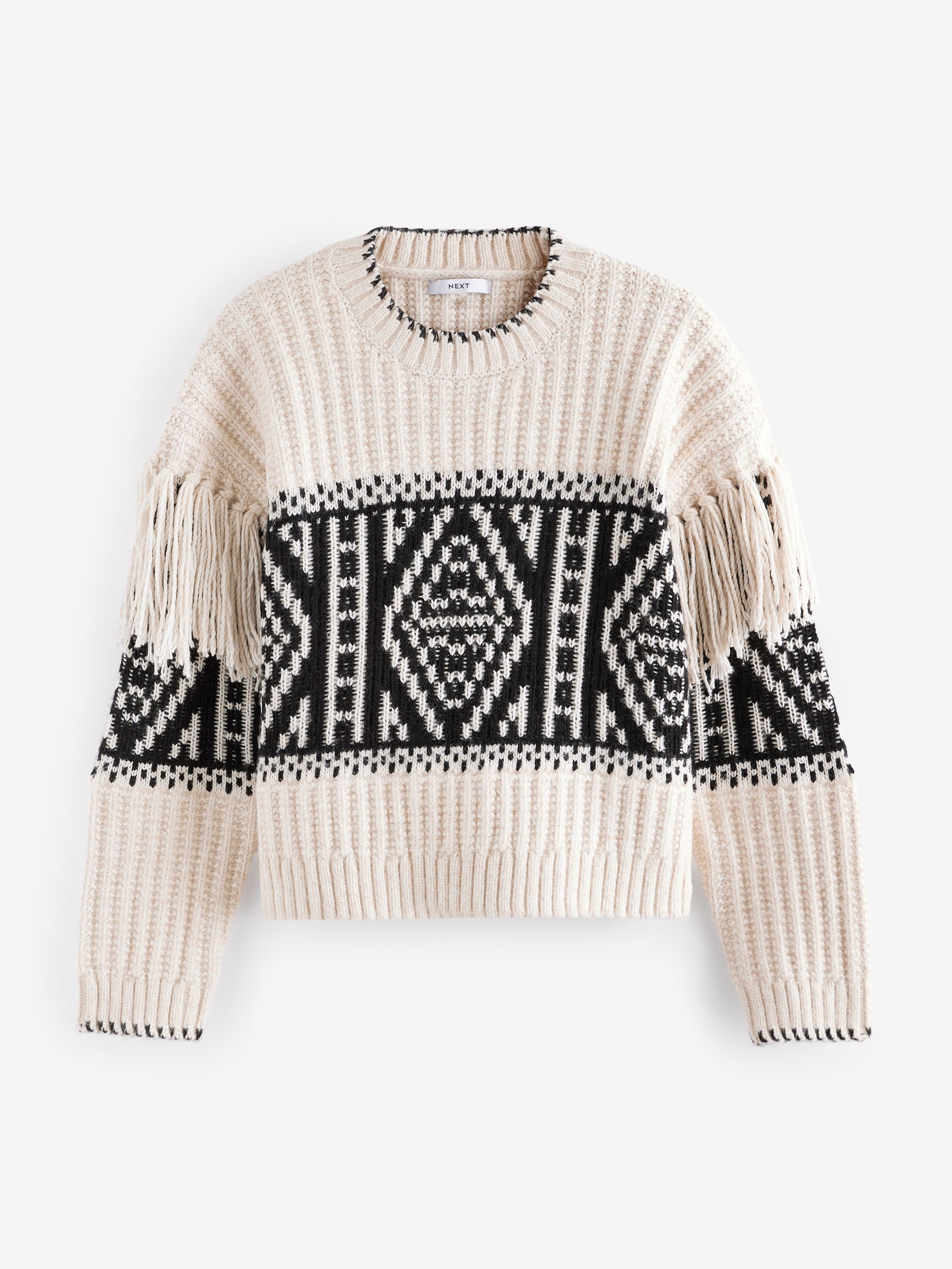 【COSYHARU】Ramiel Argyle Knitwear Buy Cream Fairisle Pattern Fringe Tassel Knitted Jumper from