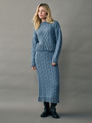 Blue Indigo Cable Knitted Fringe Crew Neck Jumper - Image 2 of 8