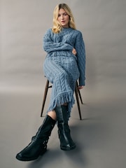 Blue Indigo Cable Knitted Fringe Crew Neck Jumper - Image 3 of 8