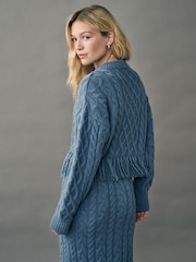 Blue Indigo Cable Knitted Fringe Crew Neck Jumper - Image 4 of 8