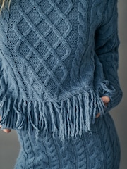 Blue Indigo Cable Knitted Fringe Crew Neck Jumper - Image 5 of 8