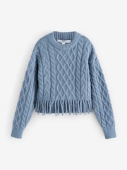 Blue Indigo Cable Knitted Fringe Crew Neck Jumper - Image 6 of 8