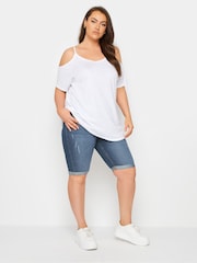 Yours Curve Mid Blue Cat Scratch Denim Shorts - Image 1 of 5