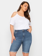 Yours Curve Mid Blue Cat Scratch Denim Shorts - Image 2 of 5