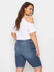 Yours Curve Mid Blue Cat Scratch Denim Shorts - Image 3 of 5