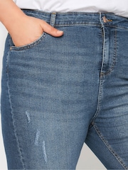 Yours Curve Mid Blue Cat Scratch Denim Shorts - Image 4 of 5