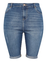 Yours Curve Mid Blue Cat Scratch Denim Shorts - Image 5 of 5