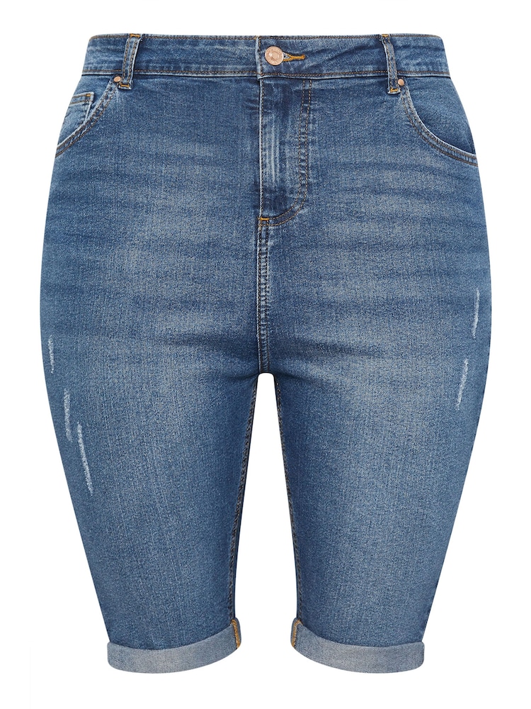 Yours Curve Mid Blue Cat Scratch Denim Shorts - Image 5 of 5