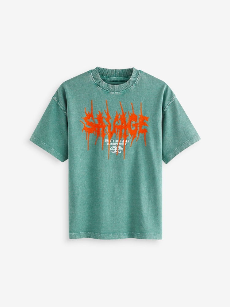 Green Washed Oversized Fit 100% Cotton Short Sleeve Graphic T-Shirt (3-16yrs) - Image 1 of 3