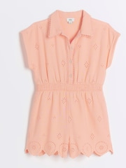 River Island Pink Girls Coral Linen Cutwork Playsuit - Image 1 of 3