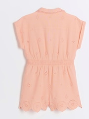 River Island Pink Girls Coral Linen Cutwork Playsuit - Image 2 of 3