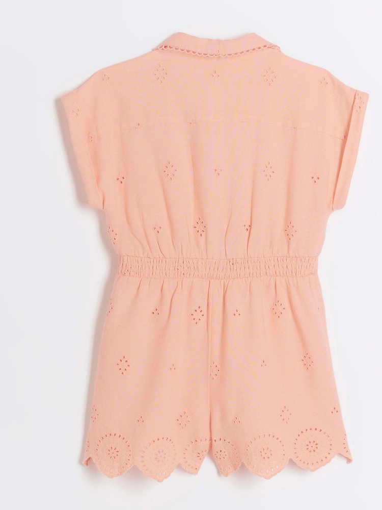 River Island Pink Girls Coral Linen Cutwork Playsuit - Image 2 of 3