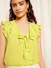 Friends Like These Seersucker Lime Green Ruffle Front Puff Sleeve Blouse - Image 1 of 4