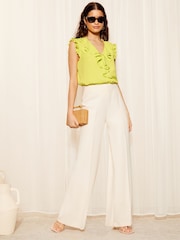Friends Like These Seersucker Lime Green Ruffle Front Puff Sleeve Blouse - Image 2 of 4