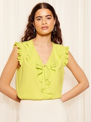 Friends Like These Seersucker Lime Green Ruffle Front Puff Sleeve Blouse - Image 3 of 4
