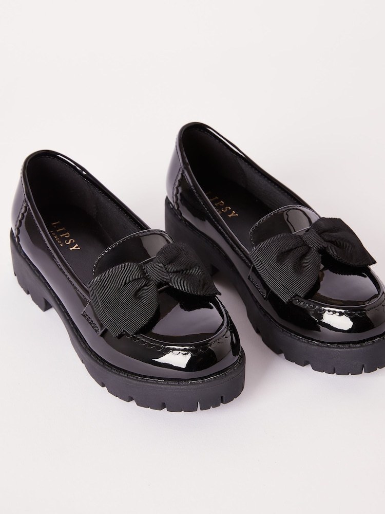Lipsy Black Faux Leather Chunky Bow Slip on Loafer School Shoe - Image 1 of 4